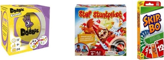 Hasbro Spellenbundel - 3 Stuks - Dobble Classic & Skip-Bo & Stef Stuntpiloot 3 Hasbro Spellenbundel - 3 Stuks - Dobble Classic & Skip-Bo & Stef Stuntpiloot