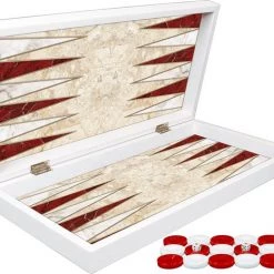 Kinderspellen Verkoopwinkel 13 Yenig??n Tavla Klassiek Backgammon Rood En Wit Marmer Bordspel - Met Schaakbord - Turks Tavla - Maat L 38cm