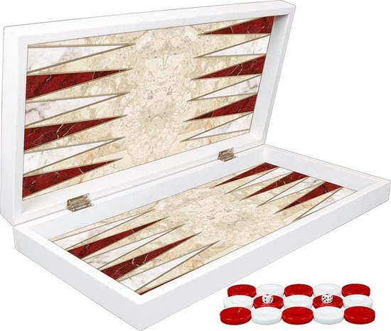 Yenig??n Tavla Klassiek Backgammon Rood En Wit Marmer Bordspel - Met Schaakbord - Turks Tavla - Maat L 38cm 3 Yenig??n Tavla Klassiek Backgammon Rood En Wit Marmer Bordspel - Met Schaakbord - Turks Tavla - Maat L 38cm